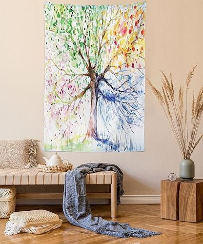 ABAKUHAUS Aquarell Wandteppich, 4 Jahreszeiten Bunte aus Weiches Mikrofaser Stoff Waschbar ohne Verblassen Digitaldruck, 150 x 110 cm,Weiß Baumbraun