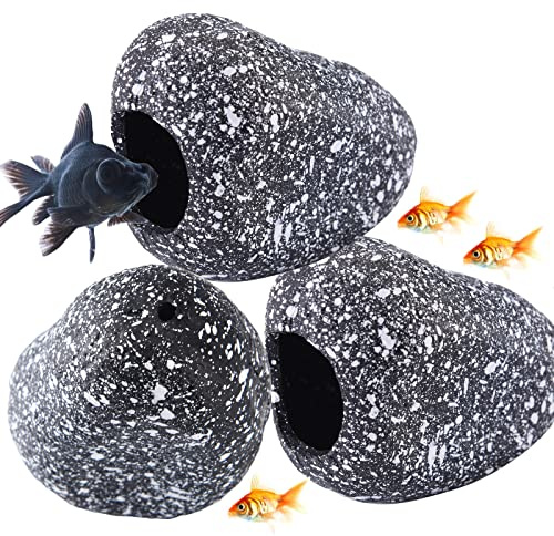 3 Pcs Aquarium Hideaway Rocks for Aquatic Pets to Breed Play and Rest, Ceramic Fish Tank Ornaments, Small Decor Rocks for Shrimp Cichlid Betta Fish