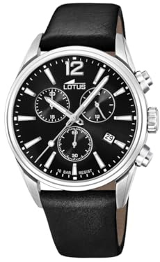 LOTUS Reloj Hombre Analógico de Cuero Negro - Movimiento de Cuarzo - Cronógrafo - Calendario - Cristal Mineral de Alta Resistencia - Resistente al Agua 10 ATM Casual 18691/3 Chrono