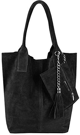 Made IN Italy Damen XXL Leder Tasche Wildleder Shopper Schultertasche + Schmucktasche