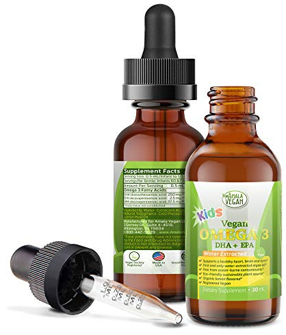 Amala Vegan - Omega 3 for Kids - Organic Lemon, Vegan, Liquid Supplement - Kids Fish Oil with DHA, EPA, DPA Fatty Acids - Plant Based Algae Oil - Immune, Heart, Brain Health for Children- 30-60 Doses