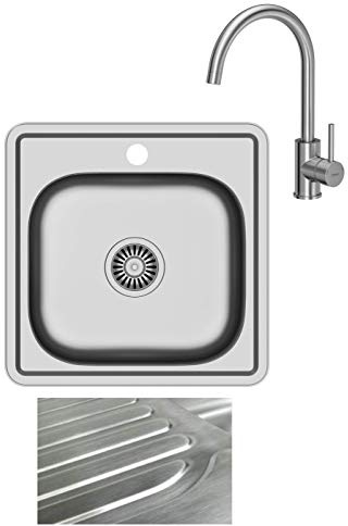 VBChome Einbauspüle mit Armatur 48x48 Satinstruktur ab 45er Unterschrank Edelstahl Küchenspüle Spüle Ablagefläche Abtropffläche eckiges Camping Ablaufgarnitur Siphon Wasserhahn Inox Edelstahl