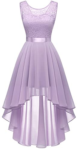 Berylove Kleid Trauzeugin Damen Spitzenkleid Elegant Vokuhila Cocktailkleid Ärmellos Abendkleid Chiffon Brautjungfer Kleid Kleid Damen Elegant BLP7035 Lavender L