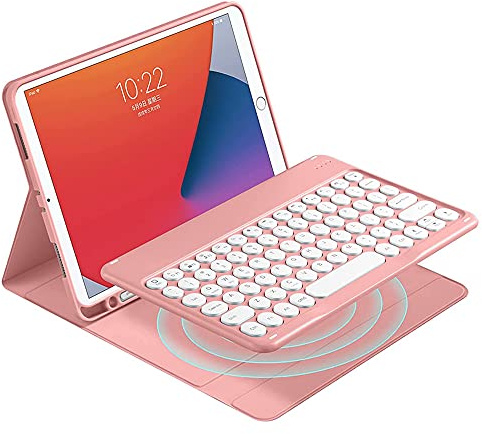 QYiD Funda con teclado para iPad Air 2/1, funda folio con soporte para lápices, teclado redondo desmontable Mangnet para iPad Air 2 – iPad Air 1, rosa