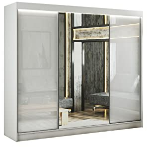 ALTDECOR Kleiderschrank mit Spiegel und Schiebetüren, kugelgelagerte Führungsschienen und Aluminium-Leisten, LED-Beleuchtung (weiß + 16 Farben) und Fernbedienung - VESLI - 250 cm Weiß/Lacobel Weiß