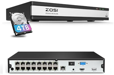 ZOSI 4K 16CH PoE NVR with 4TB Hard Drive,8MP Network Video Recorder Home Security Camera Surveillance System,24/7 Recording,Only Compatible with ZOSI 4K/8MP/5MP/4MP PoE Camera(32 Channel 16-Port)