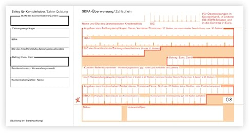 Litfax – SEPA Überweisung Zahlschein, Format: Din lang, ohne Durchschlag, mit Quittung links, SEPA-Zahlscheine Bankformulare (100 Stück)
