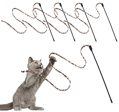 Cobee Katzenspielzeug, Interaktiver Zauberstab für Katzen Leopardenmuster Katzenzauberstab Schnur Kätzchen Band Spielzeug Interaktives Katzenspielzeug Katzenfänger Zauberstäbe (5 Stück, 30 cm)