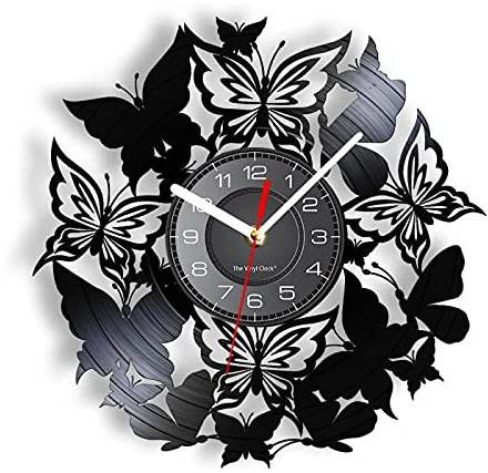 Reloj Disco Vinilo 30 Cm Reloj de pared con sombra de insectos y mariposas, jardín de flores, naturaleza, decoración de pared para el hogar, reloj Vintage, arte de registro de vinilo tallado para gu