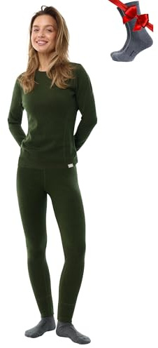 Merino.tech Set di biancheria intima da donna in lana merino al 100% merino, leggera, media, biancheria intima funzionale, maglia e pantaloni + calzini da trekking in lana merino, 320 Army Green Set,