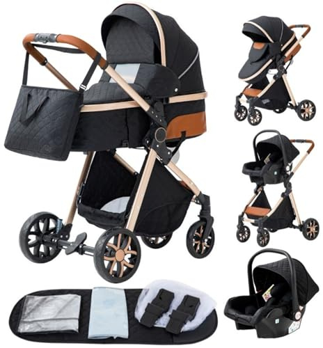 YAZOCO kinderwagen 3 in 1 Buggy Babybett Komplett Set Einem Klick Zusammenklappbarer Kinderwagen, KombiKinderwagen Aluminiumrahmen für Neugeborene Sitzzubehör (4 schwarz) | Faltbarer Trio Kinderwagen Neugeborene im Angebot Tasche mit Windel (3 in 1 V9 Schwarz)