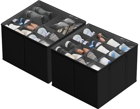 SUOCO 2 Pack Shoe Organizer for Closet, Fits up to 32 Pairs, Small Space Shoe Storage Boxes Bins Containers w/Adjustable Dividers and Clear Top, Black