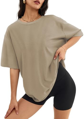 ATHMILE Womens Oversized T Shirts Loose Fit Crewneck Short Sleeve Tops Summer Casual Blouse Y2K 2024 Basic Tee Khaki