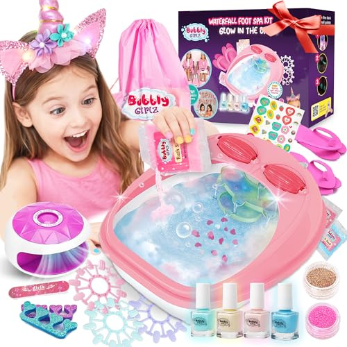 Glow in the Dark Kids Spa Kit for Girls, 42+ Piece Spa Toys Set with Waterfall Foot Spa, Pedicure Accessories, Perfect for Ages 6–12, Fun Birthday or Christmas Gift