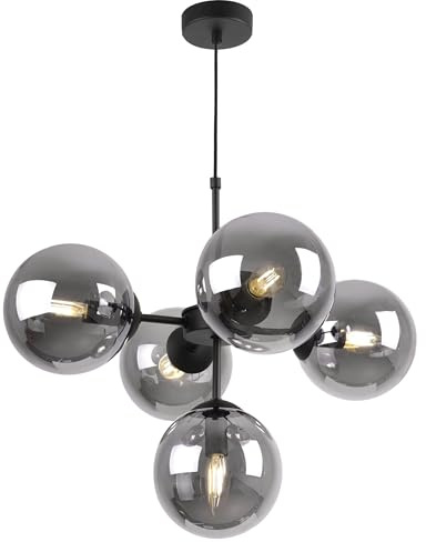 Light-Home Imperia Hängelampe - Deckenlampe für Wohnzimmer Schlafzimmer und Esszimmer- Pendelleuchte aus Metall und Glas - E14-5-Flammig - Schwarz Basis und Dunkelgrau