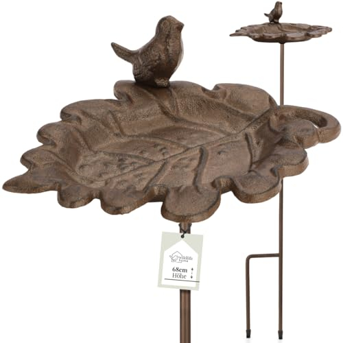 wildlife home Vogeltränke stehend auf Stab mit Erdspieß I in Blattform Vogeltränke Garten, Balkon I Vogelbad frostsicher aus Gusseisen, Wassertränke für Vögel, Wildvögel