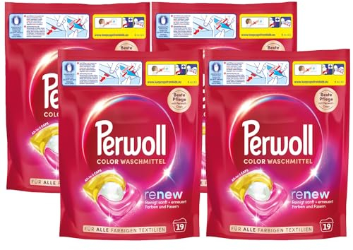 PERWOLL Caps Color Waschmittel 4x 19 WL (76 Wäschen), All-in-1 Waschmittel Caps reinigen sanft und erneuern Farben & Fasern, für alle farbigen Textilien, mit Dreifach-Renew-Technologie