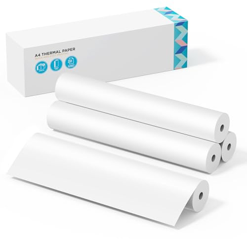 ByteCintia Papier Thermique A4 4 Rouleaux, 8.27x11.69 Pouces (210mm de Largeur), 22 Feuilles/Rouleau, Multi-Usages, Sans BPA, Pour Photos, Dev