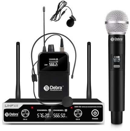Sistema de micrófono inalámbrico UHF UBR-102 con micrófonos de mano, lavalier y auriculares, alcance de 260 pies, ideal para iglesia, conferencias, karaoke, bodas, DJs y barras (1 de mano y 1 bolsa de