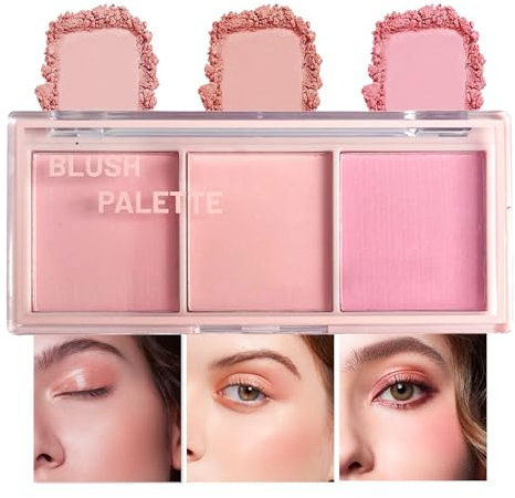 Blushers for Cheeks, 3-in-1 Matte Peachy Pink Face Blush Make Up Powder, Nude Pink Pigmented Long-Lasting Smudge-proof Blendable Rosy Pink Makeup Blusher Skin Tint Natural look