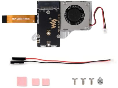 Waveshare PCIe to M.2 Adapter Board (E) for Raspberry Pi 5, with Cooling Fan, Compatible with 2242/2230 NVMe Protocol M.2 Solid State Drive, 8Gbps Data Rate, High-Speed Reading/Writing, Pi 5 NVMe