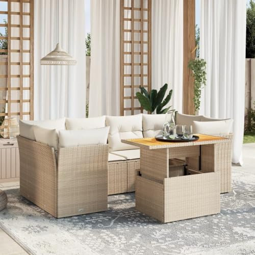 Keyroto 7-TLG Garten Loungemöbel Set Loungemöbel Outdoor Gartenlounge Lounge Sofa Outdoor Rattan Sofa Outdoor Gartensofa mit Kissen Poly Rattan Beige
