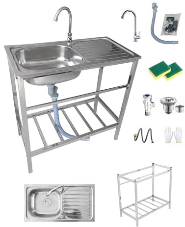 DRFGHK Küchenspüle Gewerbliche Freistehende Outdoor Spüle Edelstahl Spültisch Waschbecken mit Wasserhahn Und Werkbank Außenbereich Spülbecken für Wäscherei Hinterhof Garage Bauernhaus 75x40xH75cm