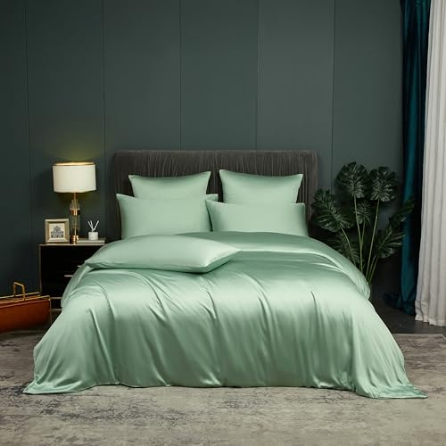 DXHOME Ropa de cama de bambú verde, 200 x 220 cm, fibra de bambú, ropa de cama de verano, color verde claro, ropa de cama lisa transpirable y fresca, suave, funda nórdica doble con cremallera y 2