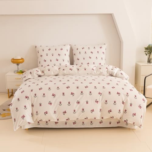 Cotton Market Bettwäsche 135x200 cm - Bettwäsche Mikrofaser Baumwolle - Herbst Bettwäsche-Sets 2 Teilig ‎mit Reißverschluss - Blumen Bettbezug mit 1 Kissenbezug 70x80 cm - Rosen/Beige