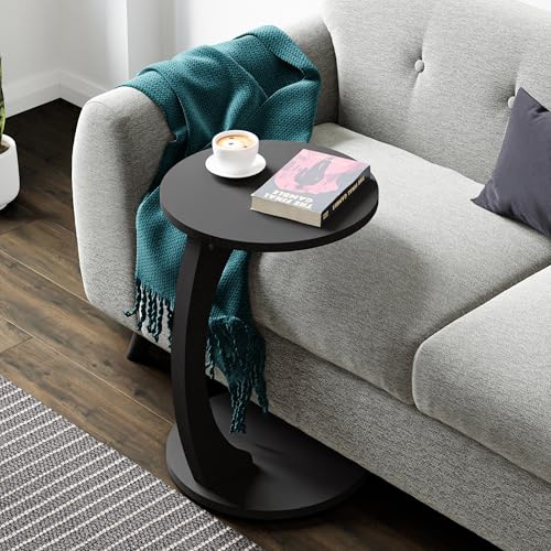 [en.casa] Sidobord Holeby, soffbord på hjul, sängbord, laptopbord, C-format bord för vardagsrum, rund bordsskiva, 56 x Ø 38 cm, mattsvart