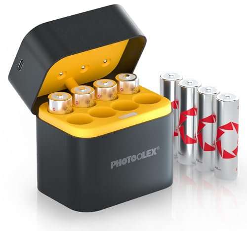 PHOTOOLEX 8PCS 1,5V AA Lithium Batterie Ricaricabili con Caricabatterie, 3600mWh ad alta capacità 1.5V tensione costante e 3A scarica Batterie AA con scatola di Ricarica & stoccaggio in Uno per Flash