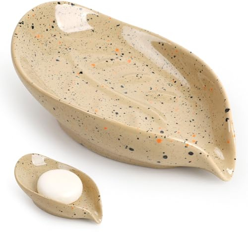 ANTIS'S HOME Keramik Seifenschale mit Ablauf, Blattform Seifenhalter für Bad, Dusche, Waschbecken & Küche, Beige mit Sprenkeln, Moderne Seifenablage vielseitig als Schmuckschale & Seifentablett