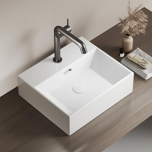 EMKE Vasque à Poser 41x36 cm,Lavabo Rectangulaire Blanc Brillant,Suspendu | Céramique , pour Salle de Bain et WC Invités, avec Trou de Robinetterie (Sans Robinet ni Bonde)