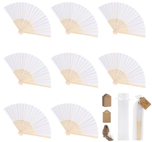 SWAWIS 28 Pièces Eventails en Papier Blanc, Éventails Pliants Pliable avce 30 Sacs en Organza & Cartes de Remerciement, Éventail Mariage pour Baptêmes Décorations de Fêtes DIY