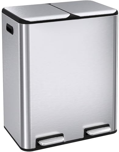 ComfyCorner 16 Gal (2 x 30 L) Dual Trash Can, Stainless Steel Kitchen Garbage Bin, Recycle Dustbin with Odor Control Box, Soft-Close Lid, Inner Buckets, Side Handle, Step Pedal, for Home Office