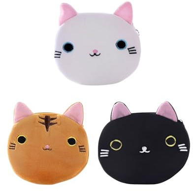 UYRVAPE Kinder Mini Geldbörse, Klein und im Kurzformat Brieftasche Portemonnaie Damen, Katze Plüsch Geldbörse Münzbeutel Portemonnaie Täschchen mit Reißverschluss, Geldbeutel Coin Purse Wallet, 3pcs
