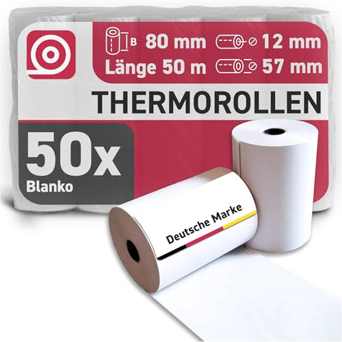 Gebongt24 Thermorollen 80 mm x 50m x 12 mm mit 48g/m² – hochwertige Bonrollen aus BPA-freiem Thermopapier – 50 Kassenrollen mit ⌀ 57 mm – passend für EPSON, Aures Bixolon, Custom, Metapace, Star