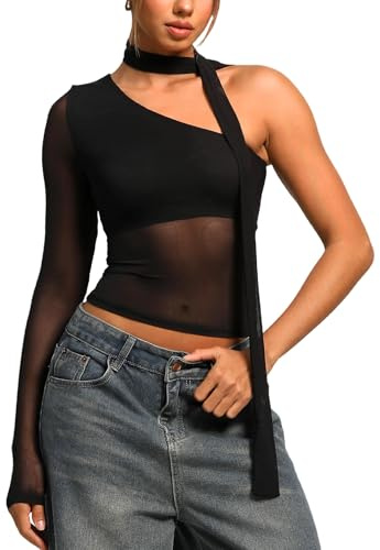 Navneet Damen Netzoberteil Neckholder Top Sexy Mesh Off Shoulder Netz Shirt Durchsichtig Langarm Party Festival Schwarz XS