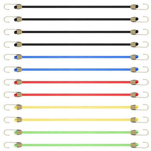 12 PCS Small Bungee Cords with Hooks, 10 Inch Heavy Duty Small Bungee Straps, Mini Bundy Cord with Hooks, Elastic Straps for Outdoor Camping Tents, Tarps, Bike, Cargo Accessory