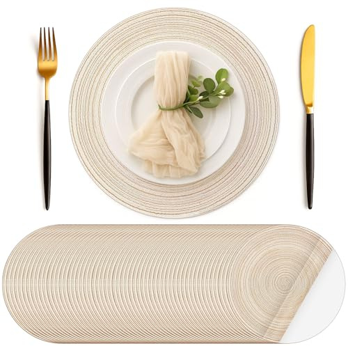 Geosar 100 Pcs Disposable Paper Placemats Cotton Woven Look 13'' Round Placemats Rustic Disposable Table Pads Bulk for Dining Table Decoration Birthday Wedding Bridal Baby Shower Party (Beige)