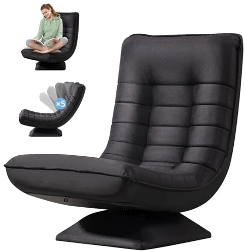 Asukale Sessel Wohnzimmer Bodenstuhl 360° Drehbar, Schwarz Leinen | Montagefrei, 13CM Sitzkissen, Verstellbare Rückenlehne, 150 kg Belastbarkeit, Platzsparend Klappbar, Atmungsaktiver Stoff