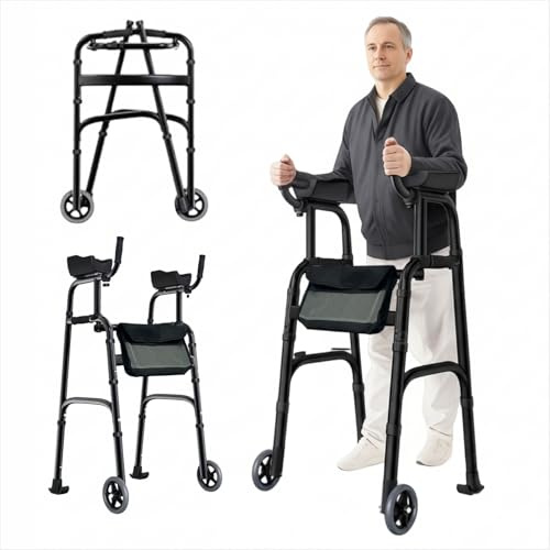 Andador plegable con almohadilla para reposabrazos, andador vertical para personas mayores, ayuda de movilidad de pie para interiores y exteriores, capacidad de peso de 300 libras, altura ajustable