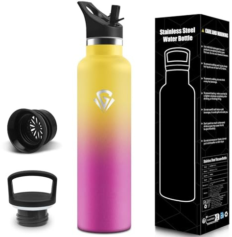 Botella Agua Acero Inoxidable, 1000 ml Libre de BPA, Botella Termica, Con Pajita y 2 Tapas, Botellas de Agua, 304 Acero Inoxidable, Botellas Isotermica para Camping, Gimnasio, Oficina - Amarillo&rosa