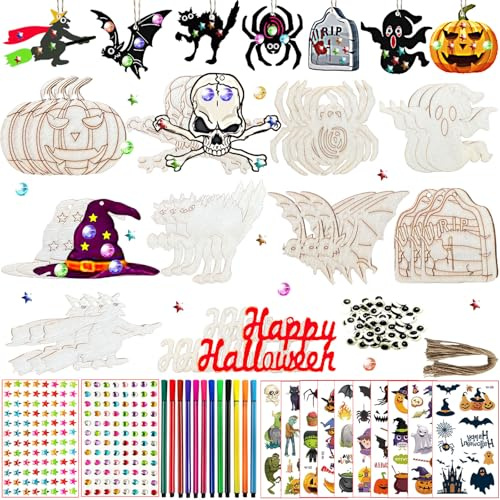 FZYESNO 296PCS Halloween Basteln Kinder, Holzanhänger zum Bemalen, DIY Halloween Deko Kinder (Holz), Hängende Holz Bastelset, Halloween Basteln enthält Zahlreiche Accessoires