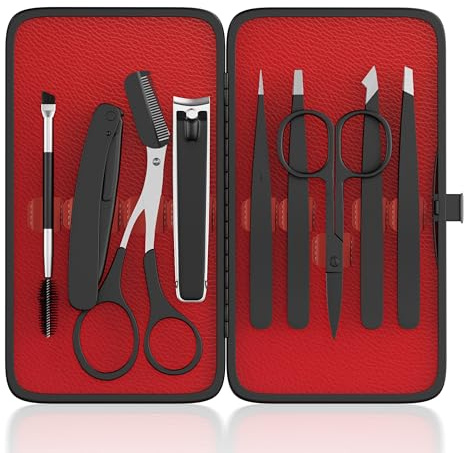 ESSBES Pinzette für Gesichtsbehaarung bei Frauen, 9-in-1-Augenbrauen-Set mit Pinzette, Augenbrauen-Trimmer-Schere, Rasierer, Bürste und Reiseetui aus Leder