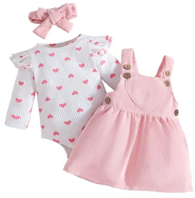 Generisch Conjunto de invierno para bebé niña, body de manga larga con vestido de tirantes de pana y diadema para bebés y niños pequeños, moda navideña, rojo, 0-3 meses