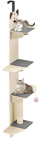 Arbre a Chat Mural, Arbre à Chat à Suspendre à la Porte, Support Vertical à 4 Niveaux étagères Suspendues pour Chats avec Griffoir, Tapis et Balle à Chats (Couleur Bois)