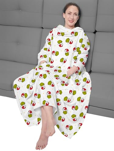 United Labels The Grinch - Coperta per TV con maniche e tasche, stampa allover, coperta soffice e coccolosa con grande tasca ventrale, coperta con maniche 130 x 170 cm, colore: Bianco