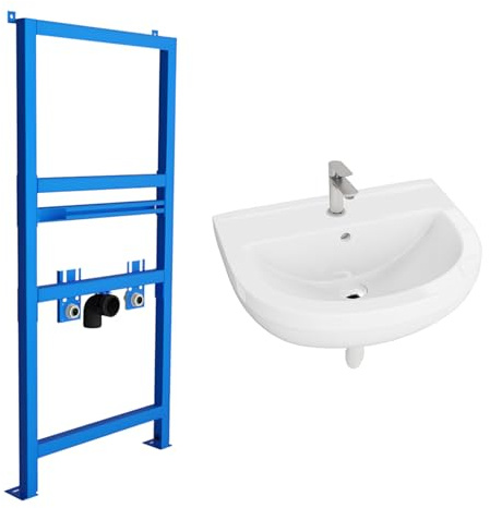 Lavita Waschbecken Komplettset – Wandwaschbecken Bart mit Armatur, Vorwandelement, Click-Clack-Ablauf, Siphon und Montageset, Weiß/Chrom