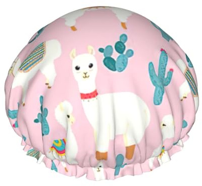Llama Cactus Print Hair Cover For Shower, Women Adjustable Hair Cap Stylish Large Waterproof Shower Bonnet